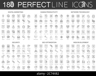 180 modern thin line icons set of digital marketing, human productivity, network technology, cyber security, SEO optimization, web development isolated Stock Vector