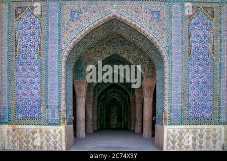 Shiraz, Iran - May 2019: The entrance of prayer hall in Vakil Mosque, Shabestan. Vakil means regent, title of Karim Khan, founder of Zand Dynasty. Stock Photo