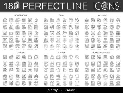 180 outline mini concept icons symbols of household, baby, pet friend, garden, kitchen, home appliances icon isolated. Stock Vector