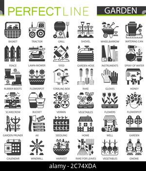 Gardening flower equipment classic black mini concept symbols. Garden modern icon pictogram vector illustrations set Stock Vector