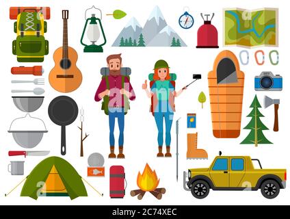 Vector set of hiking people and camping elements. Summer background with camping equipment flat icons Stock Vector