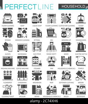 Household classic black mini concept symbols. Home appliances modern icon pictogram vector illustrations set Stock Vector