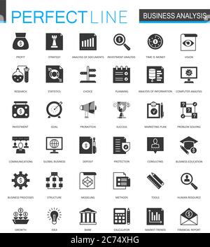 Black classic business analytics icons set isolated Stock Vector