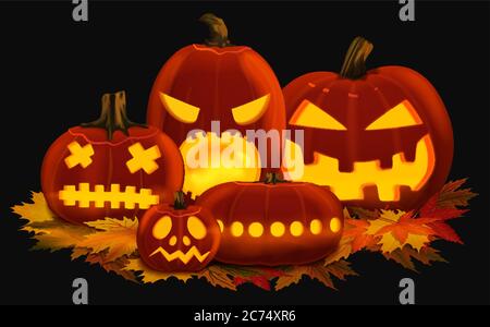 Vector illustration of orange glowing pumpkin lanterns for Halloween with carved faces placed on autumn leaves Stock Vector