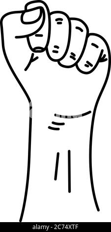 Silhouette male fist growth on a white background with white lines defining the fingers and thumb. Protest, poster of the revolutionary rebel revolution. Stock Vector