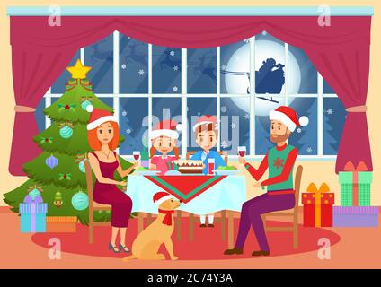 Vector illustration of parents and children sitting at table and dining on Christmas eve Stock Vector