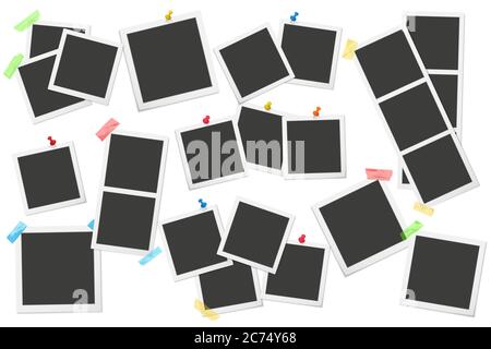 Big set of square vector photo frames on sticky tape, pins and rivets. Vector illustration of photo design Stock Vector