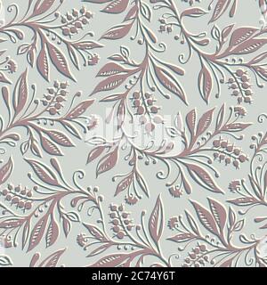 Floral seamless pattern with leaves and berries. Hand drawing. Background for title, image for blog, decoration. Design for wallpapers, textiles, fabrics. Stock Vector