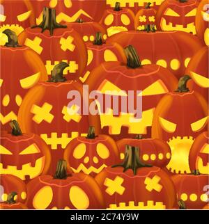 Vector seamless Halloween pattern with set of scary horror realistic pumpkins Stock Vector