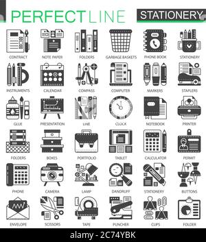 Stationery black mini concept symbols. Office tools modern icon pictogram vector illustrations set Stock Vector