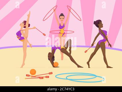 Young woman doing the different types of gymnastics. Vector illustration Stock Vector