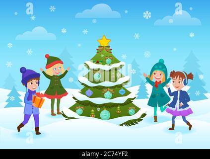 Smiling happy kids having fun standing at decorated Christmas tree in winter forest Stock Vector