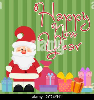 Vector illustration of happy New Year greeting and adorable Santa Claus with giftboxes Stock Vector