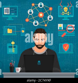 Vector illustration of bearded hacker thoughtful man thinking at table. Stock Vector