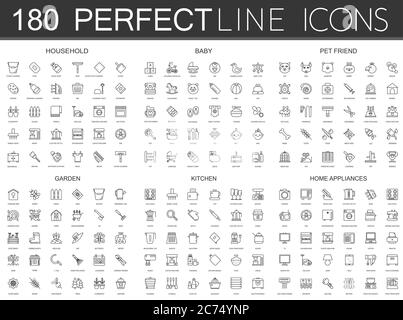 180 modern thin line icons set of household, baby, pet friend, garden, kitchen, home appliances set Stock Vector