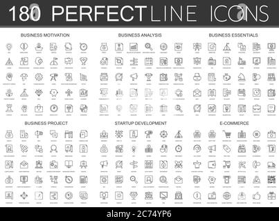 180 modern thin line icons set of business motivation, analysis, business essentials, business project, startup development, e-commerce isolated Stock Vector