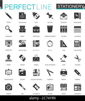 Black classic office stationery icons set for web isolated Stock Vector