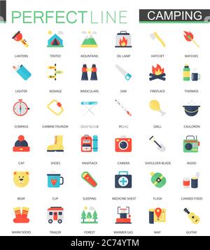 Vector set of flat Camping Hiking icons isolated. Stock Vector