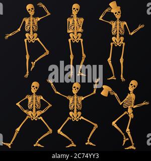 Dancing golden Skeletons islated on the black background. Stock Vector