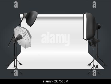 Photo studio with lighting equipment and background. Vector illustration Stock Vector