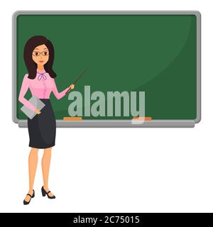 Young female teacher near blackboard teaching student in classroom at school, college or university. Flat design cartoon woman character Stock Vector