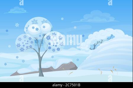 Vector illustration of tree in winter forest with snowflakes. Winter cartoon landscape Stock Vector