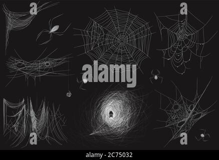 Set of different thin spider web on black background Stock Vector