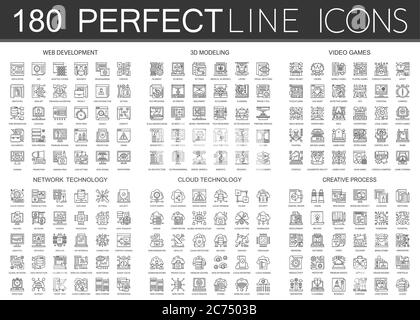 180 outline mini concept infographic symbol icons of web development, 3d modeling, video games, network technology, cloud technology, creative process isolated. Stock Vector