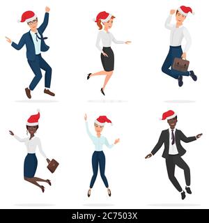 Business office in official suits men and women in Christmas red hats jumping, dancing and having fun isolated Stock Vector