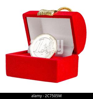 Red chest with coin 1 euro. Isolated on white Stock Photo