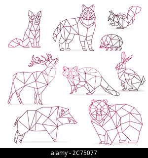 Low poly color gradient line animals set. Origami poligonal line animals. Wolf bear, deer, wild boar, fox, raccoon, rabbit and hedgehog isolated Stock Vector
