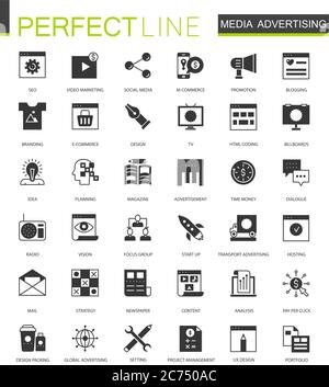 Black classic Media Advertising icons set isolated Stock Vector