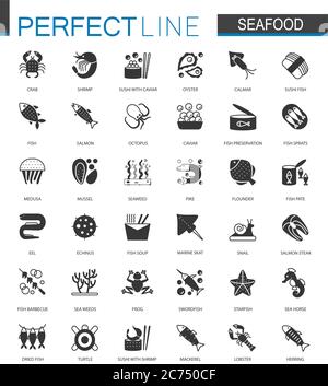 Black classic Seafood icons set. Sea food illustrations Stock Vector