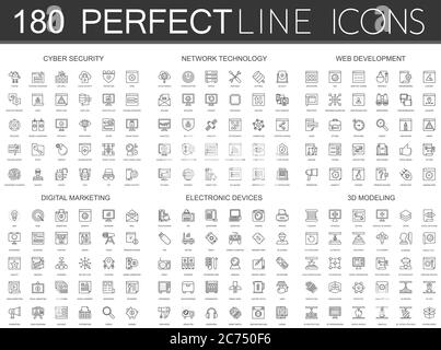 180 modern thin line icons set of cyber security, network technology, web development, digital marketing, electronic devices, 3d modeling isolated. Stock Vector