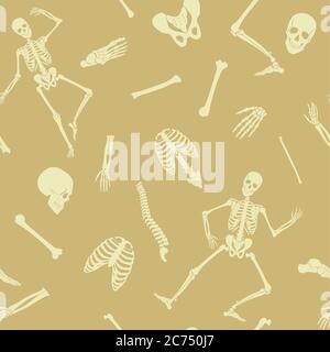 Vector Seamless pattern, background with dancing skeletons and various single bones and skulls Stock Vector