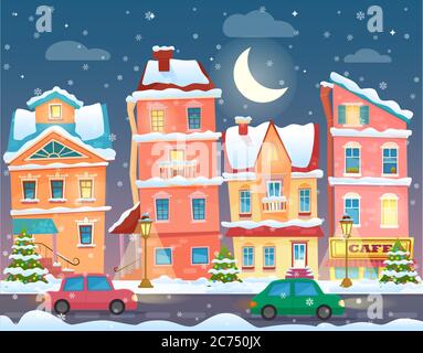 Vector Xmas card with a decorated snowy old city town at Christmas eve in night Stock Vector