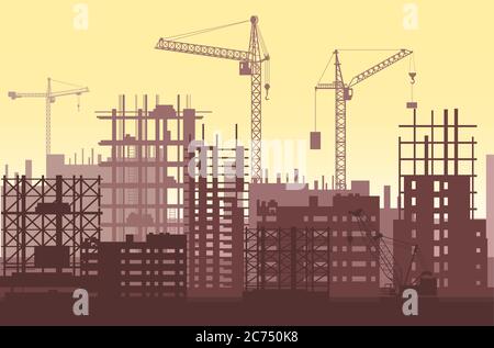 Buildings under construction in process. Urban construction site with cranes and skyscrapers Stock Vector