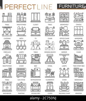 Furniture outline mini concept symbols. Interior furniture modern stroke linear style illustrations set. Perfect thin line icons Stock Vector