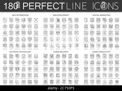 180 outline mini concept icons symbols of seo optimization, web development, digital marketing, network technology, cyber security, human productivity icon isolated. Stock Vector