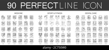 90 outline mini concept infographic symbol icons of medicine, sport and fitness, dental care isolated. Stock Vector