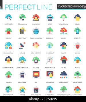 Vector set of flat Cloud data technology icons isolated Stock Vector
