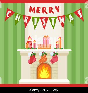 Vector illustration of Merry Christmas decoration and socks at fireplace. Stock Vector