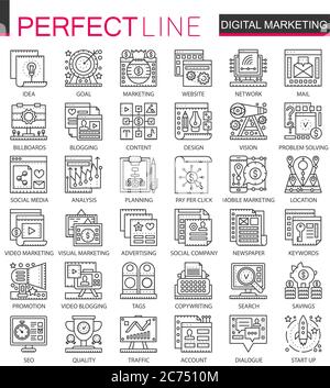 Digital Marketing outline mini concept symbols. SEO development modern stroke linear style illustrations set. Perfect thin line icons Stock Vector