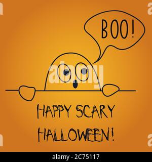 Vector illustration of postcard wishing Happy Scary Halloween with cute ghost saying boo Stock Vector