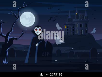 Vector illustration of spooky vampire and ghosts flying at castle at night. Halloween card Stock Vector