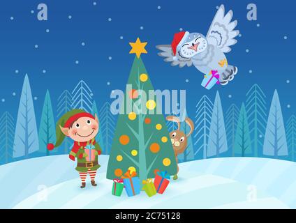 Vector illustration of adorable elf and animals at Christmas tree in forest. Stock Vector
