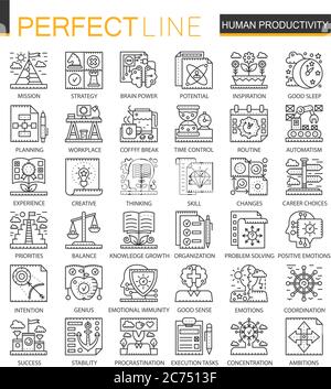 Human productivity outline mini concept symbols. Time management and discipline modern stroke linear style illustrations set. Perfect thin line icons Stock Vector