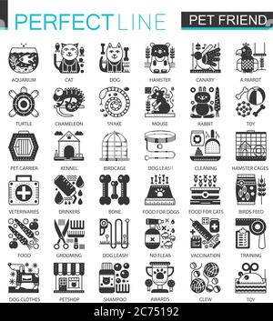 Pets friends classic black mini concept symbols. Vector pet modern icon pictogram illustrations set Stock Vector