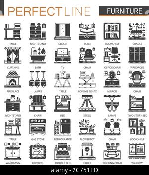 Furniture interior classic black mini concept symbols. Modern icon pictogram vector illustrations set Stock Vector