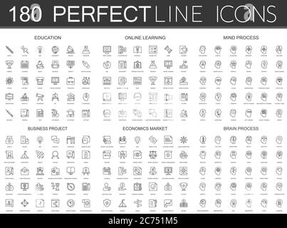 180 modern thin line icons set of education, online learning, mind process, business project, economics market, brain process isolated Stock Vector